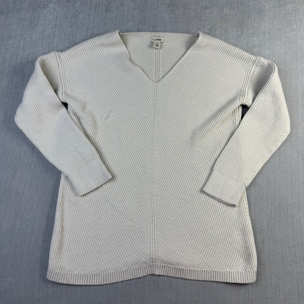 LL Bean Womens Cream Ribbed V-Neck 100% Cotton Pullover Sweater M